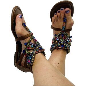 Madeleine Stuart Brown with Multicolor Rhinestone Flat Sandals - Size 7